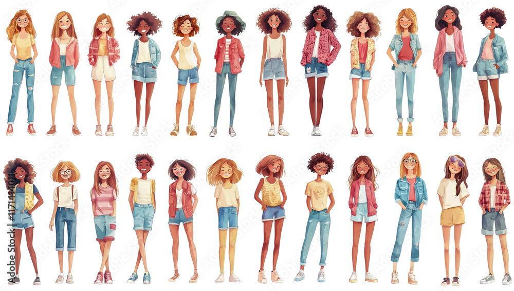 Fototapeta premium Cute cartoon teenager girls, young people standing in a row, teen girls, isolated characters