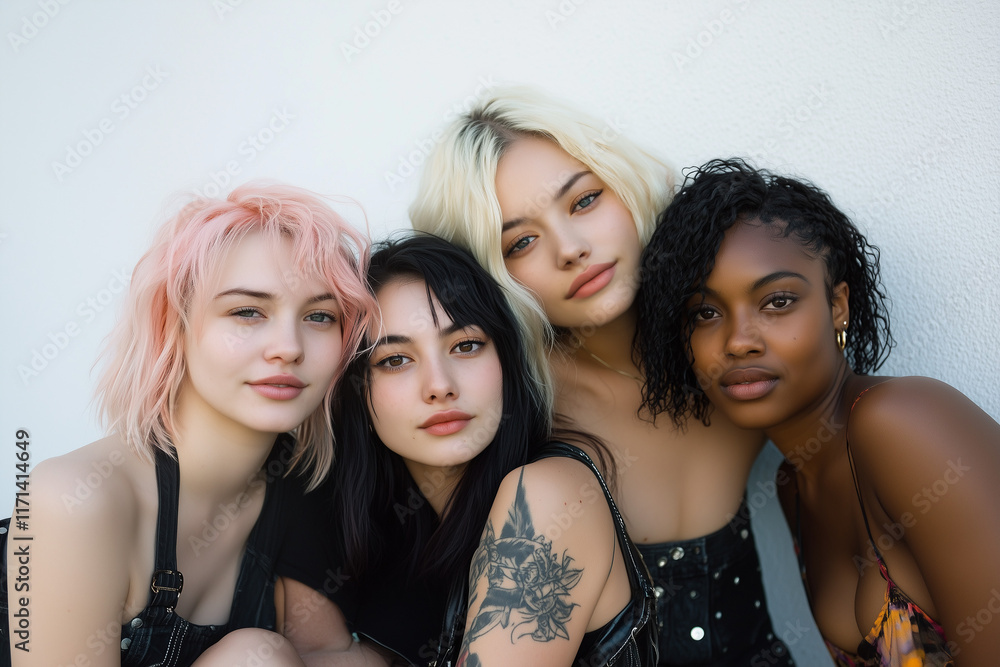 Four friends of different nationalities hugging Four friends of different nationalities hugging
