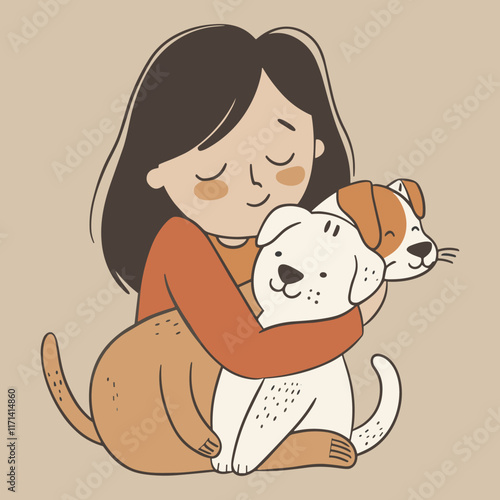Elegant Illustrator Of A Pet Lover Girl With A Cat & Dog Vector Illustration