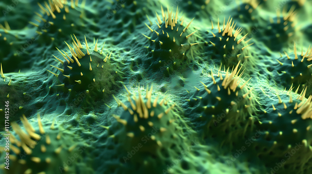 Fototapeta premium Detailed texture cactus surface spikes patterns, plant, succulent, green, thorns, rough, desert, prickly, spiky, flora, botany, closeup, macro, nature. Thorned. Illustration