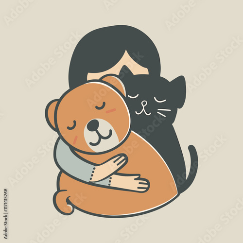 Elegant Illustrator Of A Pet Lover Girl With A Cat & Dog Vector Illustration