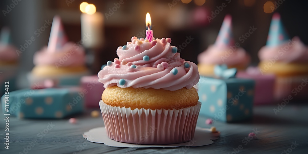Pink birthday cupcake with candle, gifts. Pink birthday cupcake with candle, gifts.