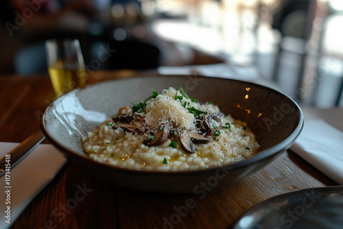 Creamy Chicken and Parmesan Risotto in a Rustic Clay Bowl on a Farmhouse Table photo