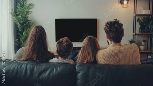 Family Watching Television Together in Cozy Living Room