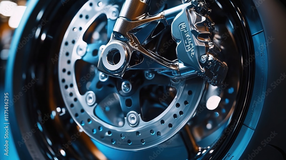 Close-up of a motorcycle's front disc brake with hub, close-up of the four-piston caliper on a brown luxury car part in a showroom Close-up of a motorcycle's front disc brake with hub, close-up of the four-piston caliper on a brown luxury car part in a showroom