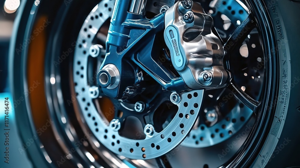Close-up of a motorcycle's front disc brake with hub, close-up of the four-piston caliper on a brown luxury car part in a showroom Close-up of a motorcycle's front disc brake with hub, close-up of the four-piston caliper on a brown luxury car part in a showroom