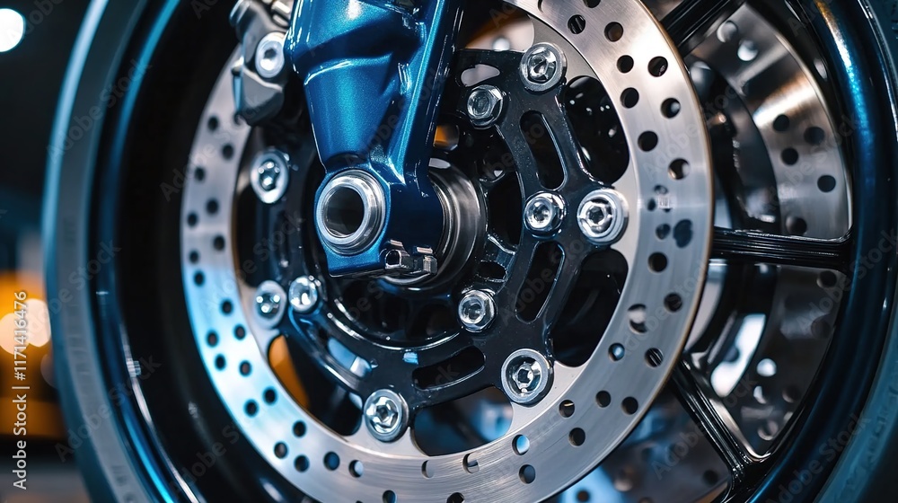 Close-up of a motorcycle's front disc brake with hub, close-up of the four-piston caliper on a brown luxury car part in a showroom Close-up of a motorcycle's front disc brake with hub, close-up of the four-piston caliper on a brown luxury car part in a showroom