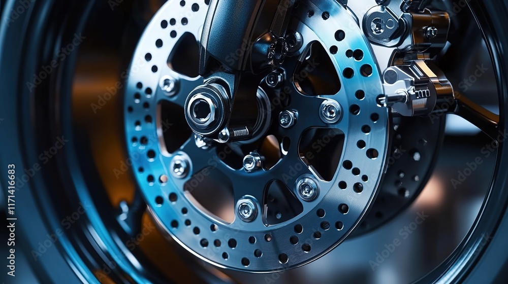 Close-up of a motorcycle's front disc brake with hub, close-up of the four-piston caliper on a brown luxury car part in a showroom Close-up of a motorcycle's front disc brake with hub, close-up of the four-piston caliper on a brown luxury car part in a showroom