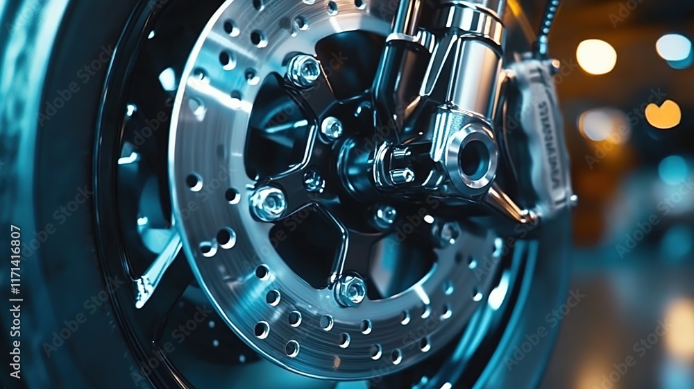 Close-up of a motorcycle's front disc brake with hub, close-up of the four-piston caliper on a brown luxury car part in a showroom Close-up of a motorcycle's front disc brake with hub, close-up of the four-piston caliper on a brown luxury car part in a showroom