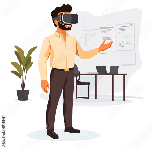 Vector Illustration of a Businessman Using VR for a Video Call in the Office