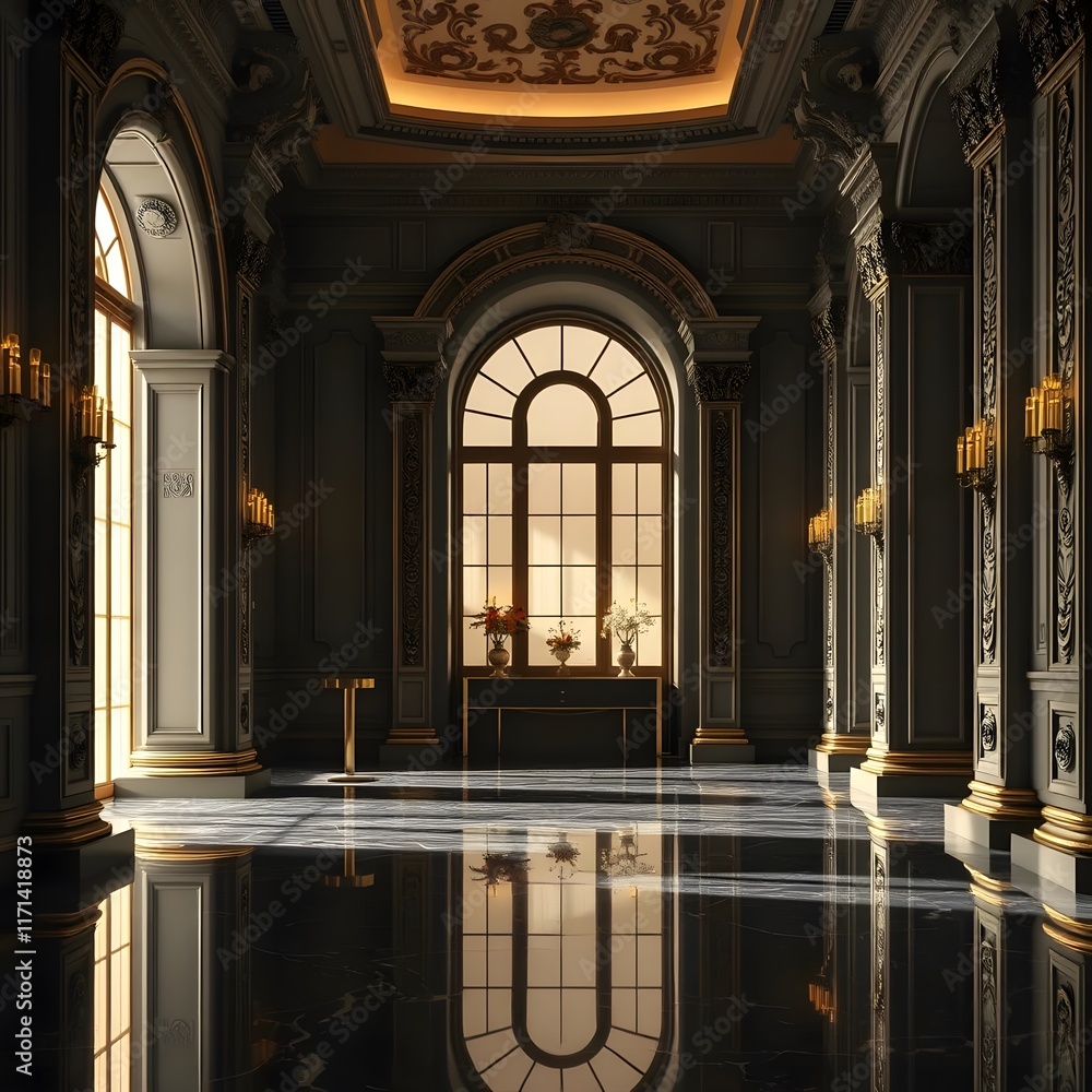 Fototapeta premium Gold and Black Baroque Style Palace Portal with Ornate Columns Generative AI Interior Design