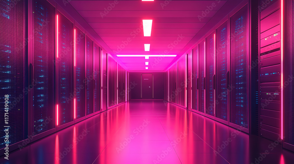 Futuristic Server Room Corridor with Neon Lights Futuristic Server Room Corridor with Neon Lights