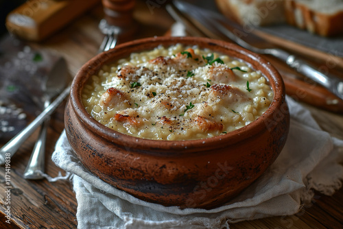 Creamy Chicken and Parmesan Risotto in a Rustic Clay Bowl on a Farmhouse Table photo