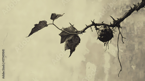 A thorned vine hangs limp and lifeless with a single leaf clutched to its fading stem, botanical garden, dying vines, succulent life. Thorned. Illustration photo