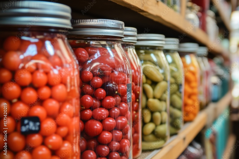 Preserved Tomatoes and Pickles on Wooden Shelf Preserved Tomatoes and Pickles on Wooden Shelf