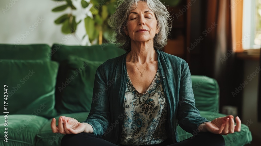 Fototapeta premium Elderly Woman Meditating on Green Sofa