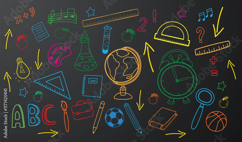 Colorful Educational doodles set with globe on blackboard