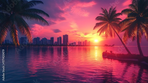 Sunset reflection over miami skyline nature photography serene view