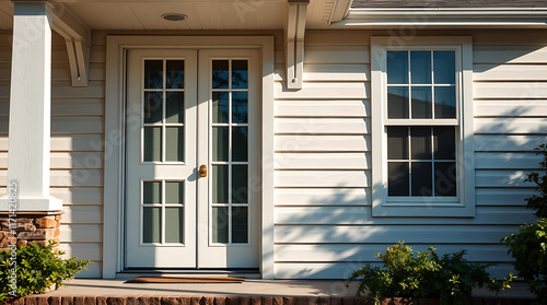 A white clapboard house exterior features a double-door entryway with multiple panes of glass and a single, multi-paned window to the right.  Landscaping is visible at the base.