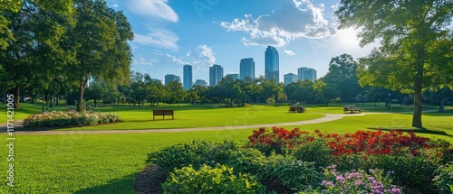 Lush park with city skyline.