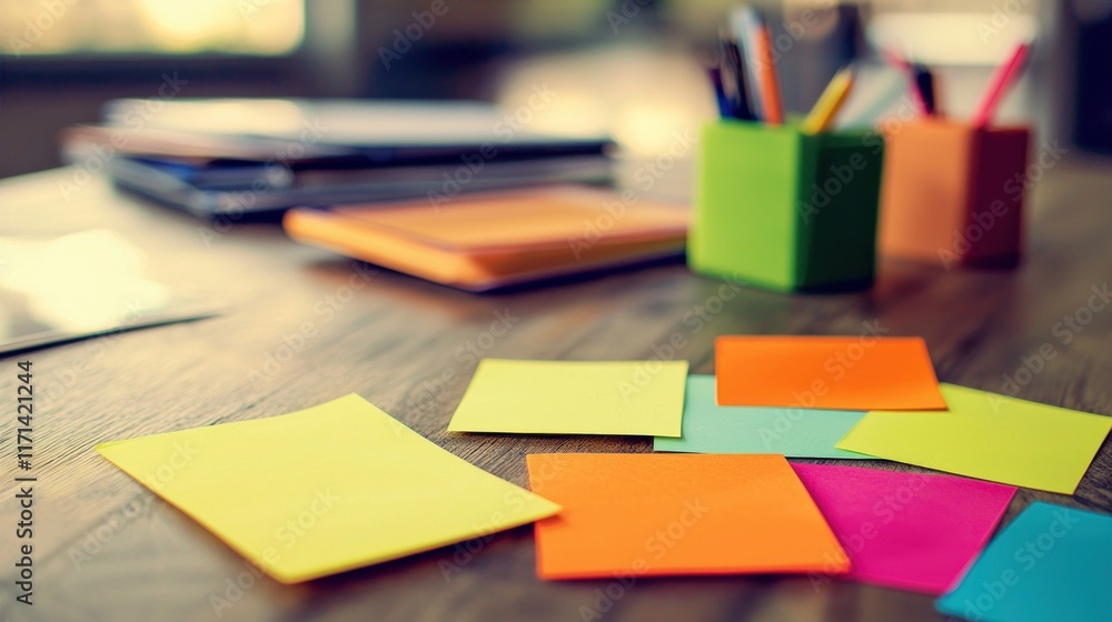 Colorful Sticky Notes on Wooden Desk, Office Supplies, Workspace Organization, Creative Ideas, Note Taking, Planning, Project Management, Brainstorming Colorful Sticky Notes on Wooden Desk, Office Supplies, Workspace Organization, Creative Ideas, Note Taking, Planning, Project Management, Brainstorming
