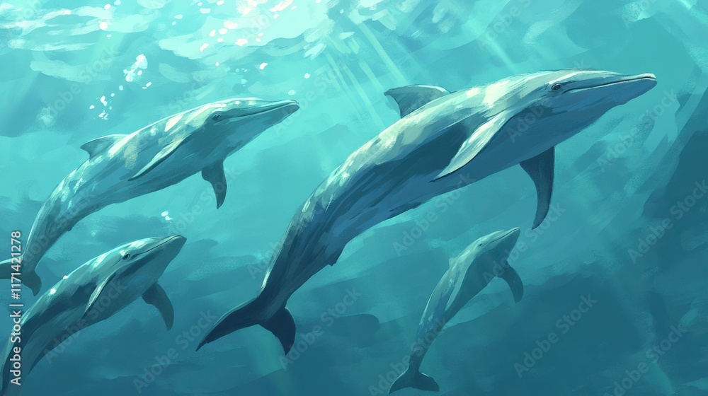 Naklejka premium Dolphins Swimming in a Clear Ocean Environment