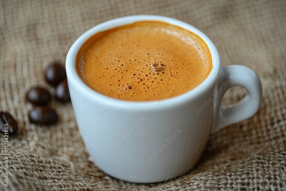 Espresso Coffee in White Cup on Burlap Espresso Coffee in White Cup on Burlap