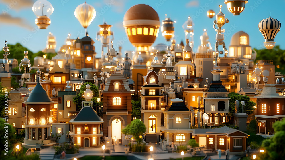 Fototapeta premium Illuminated miniature city with robots and airships at dusk.