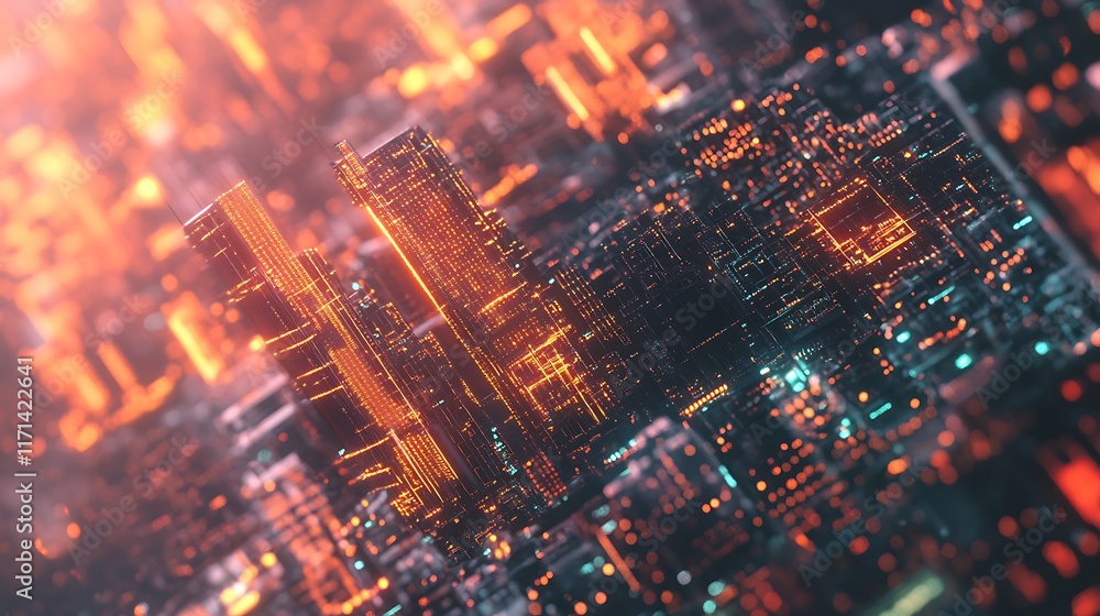 Fototapeta premium Futuristic Cityscape Illuminated With Orange Lights