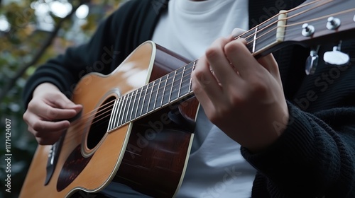 Close-up of a Person Playing Acoustic Guitar