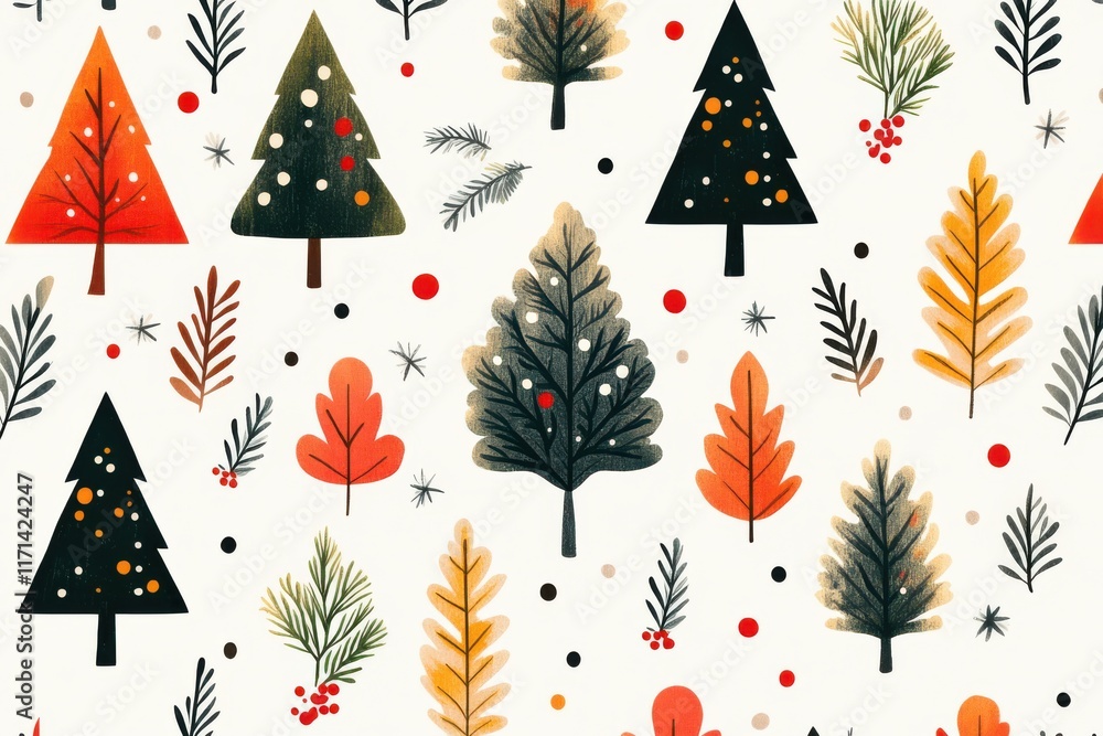 Retro geometric pattern featuring stylized Christmas trees and festive greenery in vibrant holiday colors Retro geometric pattern featuring stylized Christmas trees and festive greenery in vibrant holiday colors