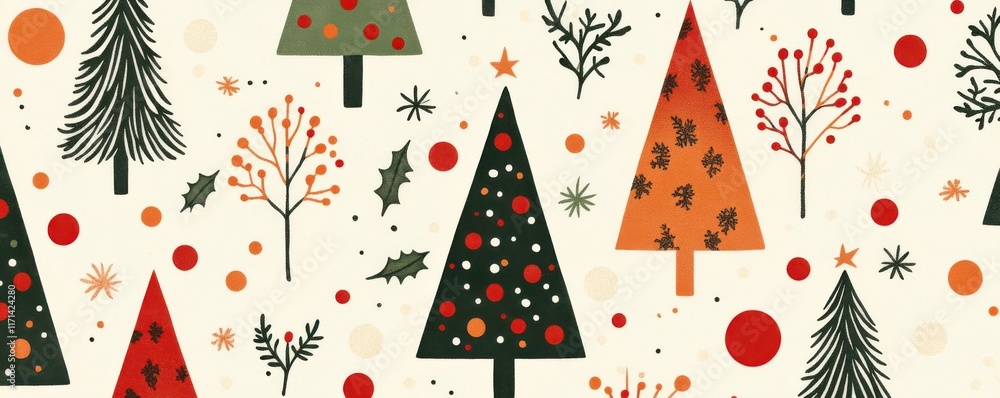 Retro Christmas pattern featuring geometric trees and festive colors in a whimsical design Retro Christmas pattern featuring geometric trees and festive colors in a whimsical design