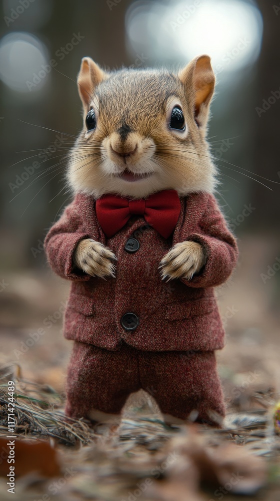 Squirrel in a dapper suit enjoying a whimsical outdoor gathering in an enchanting forest setting. Generative AI Squirrel in a dapper suit enjoying a whimsical outdoor gathering in an enchanting forest setting. Generative AI