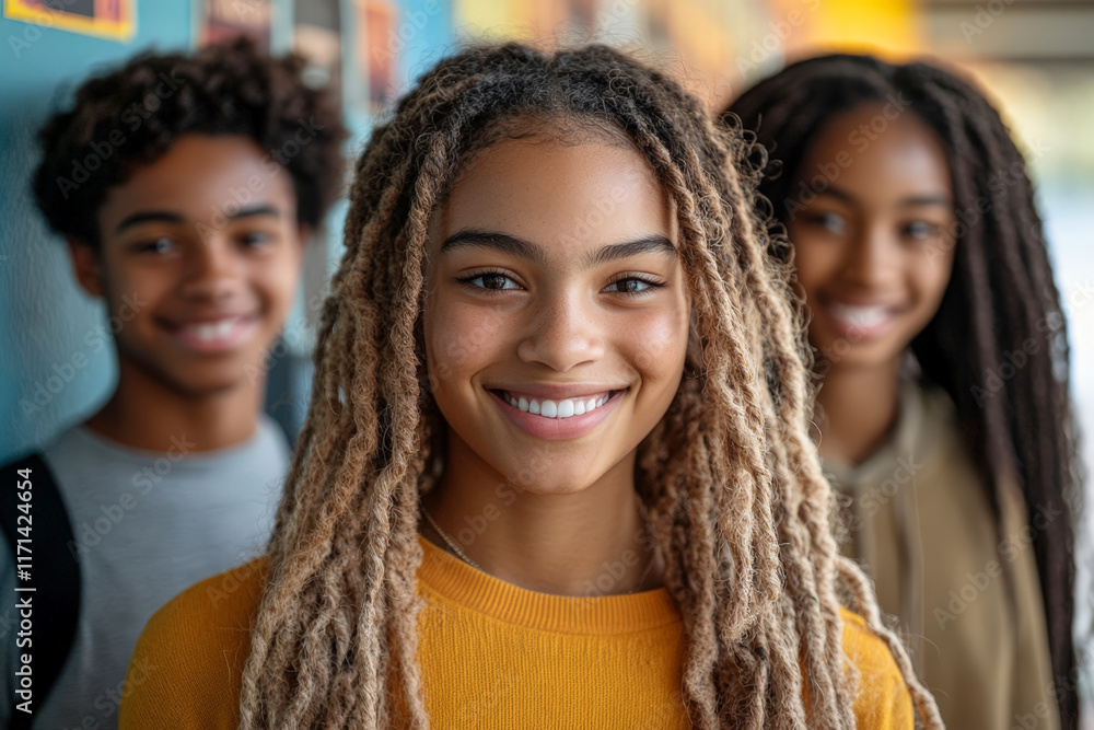 A teenage girl with beautiful dreadlocks and a bright smile poses confidently, with friends standing in soft focus behind her in a lively school setting. A teenage girl with beautiful dreadlocks and a bright smile poses confidently, with friends standing in soft focus behind her in a lively school setting.