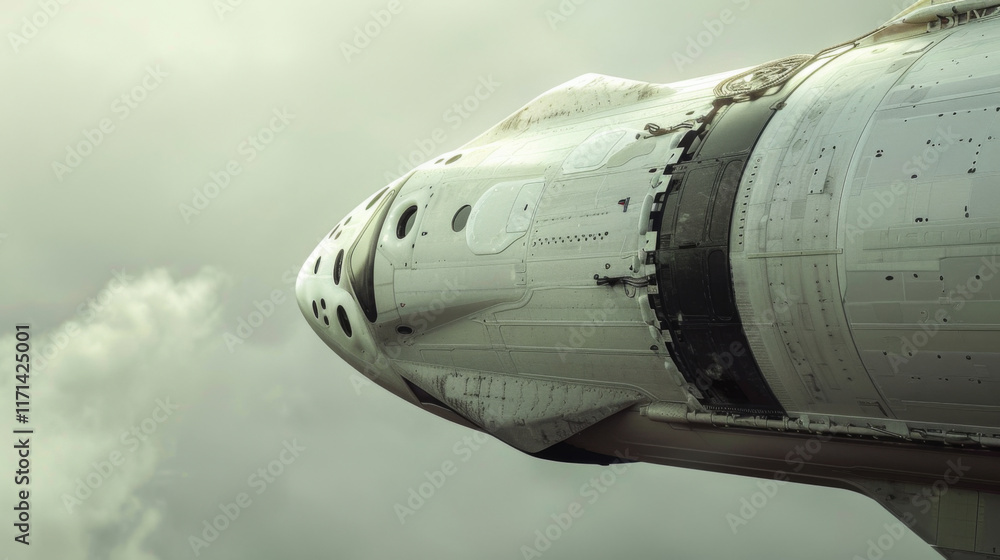 A weathered spacecraft, poised against a cloudy sky, hints at journeys taken and adventures yet to come, revealing its intricate paneling and resilient design, A weathered spacecraft, poised against a cloudy sky, hints at journeys taken and adventures yet to come, revealing its intricate paneling and resilient design,