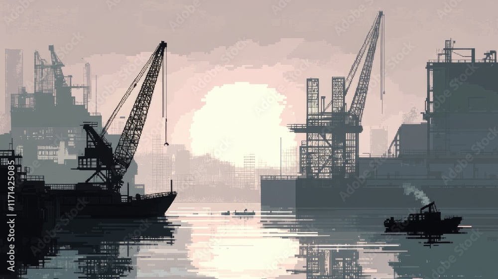 Silhouetted harbor cranes and ships at sunrise, pixel art style. Silhouetted harbor cranes and ships at sunrise, pixel art style.