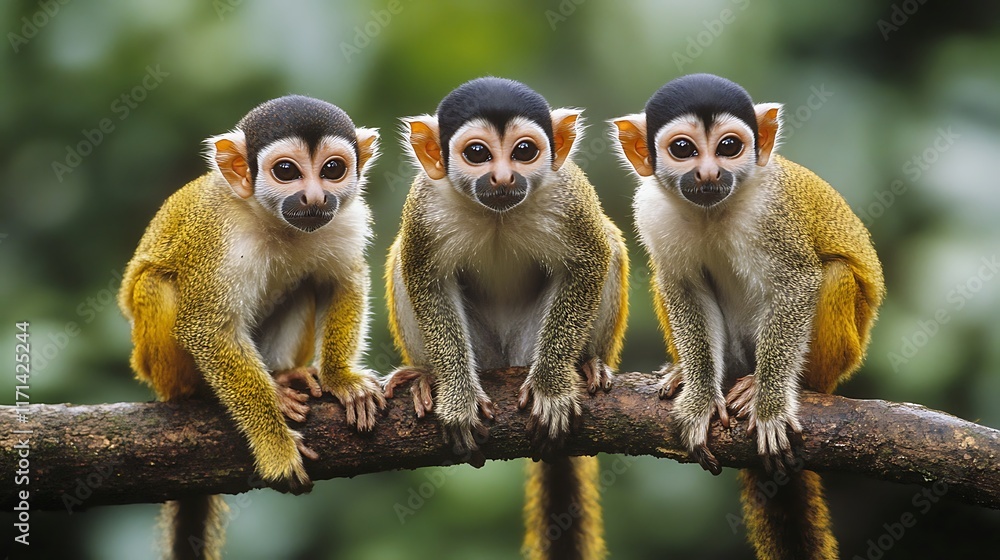 Three Adorable Squirrel Monkeys on a Branch Three Adorable Squirrel Monkeys on a Branch