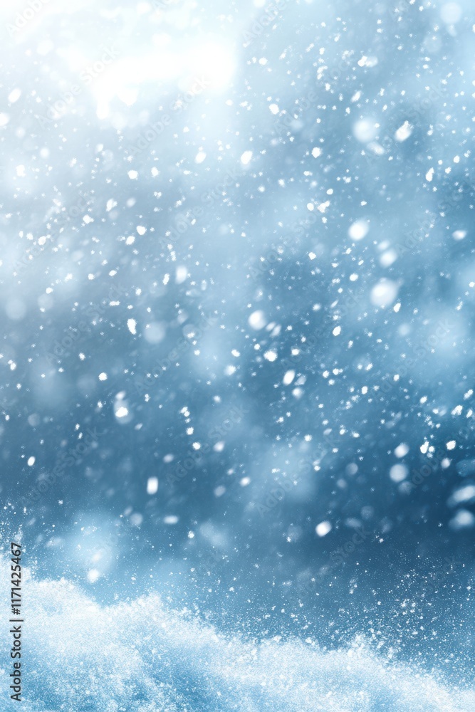 Fototapeta premium Serene winter landscape with falling snowflakes against a blurred blue background, capturing the essence of peaceful winter wonderland and tranquility.