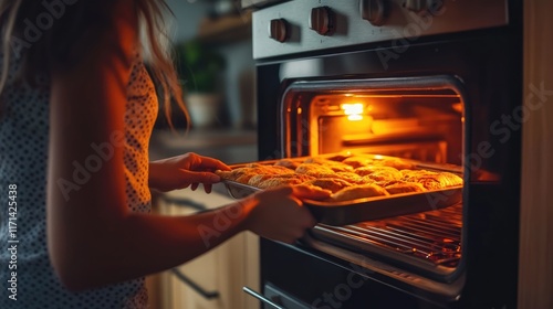 Woman Taking Out Baked Goods From Oven