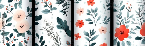 Elegant set of four seamless patterns with delicate winter floral designs in soft pastel shades