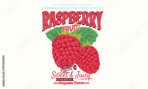 Fresh Raspberry fruit print. Nature fruit club print design. Raspberry fruit artwork. Organic food artwork for for t-shirt. Organic farm poster design. Raspberry art.