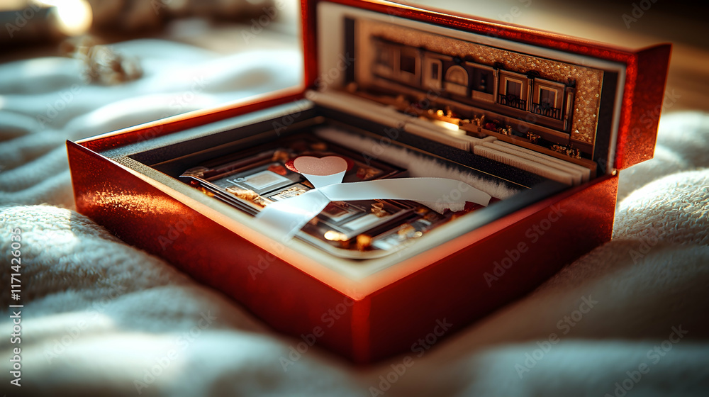 Red wooden box with miniature scene and heart. Red wooden box with miniature scene and heart.