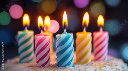 Colorful birthday candles illuminate a festive cake in a joyful celebration filled with laughter and cheer. Generative AI photo