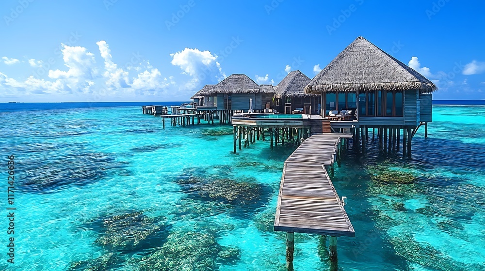 Tropical overwater bungalows in maldives aerial travel photography