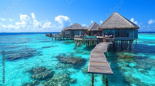 Obraz na płótnie Tropical overwater bungalows in maldives aerial travel photography w salonie