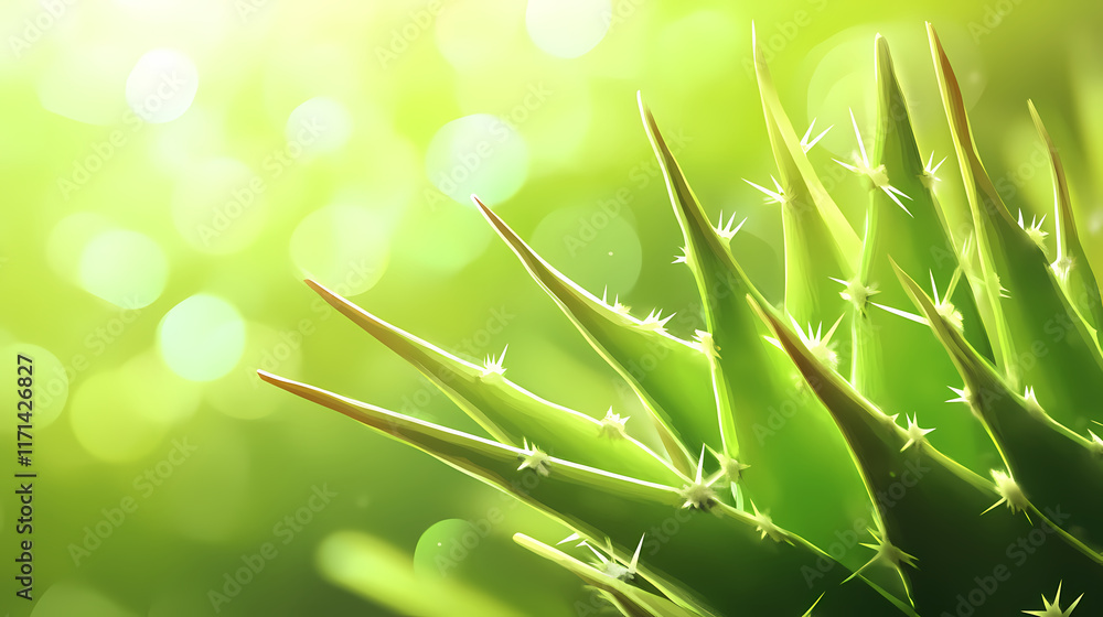 Fototapeta premium A close-up of a vibrant green cactus with sharp thorns set against a blurred green background. Thorned. Illustration