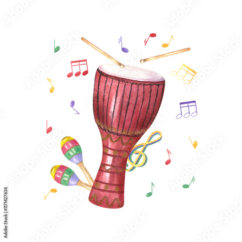 Djembe drum, colored maracas and flying musical notes watercolor illustration. Traditional ethnic music percussion instruments. Mardi Grass, Brazilian carnival, festival. For greeting cards, poster photo