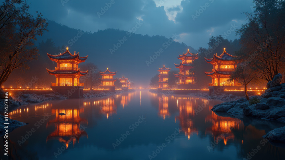Obraz premium Illuminated Chinese Pagodas on Calm Lake - Tranquil/Serene Landscap.