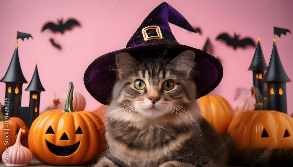 Adorable Kitten in Witch Hat with Halloween Pumpkins Adorable Kitten in Witch Hat with Halloween Pumpkins