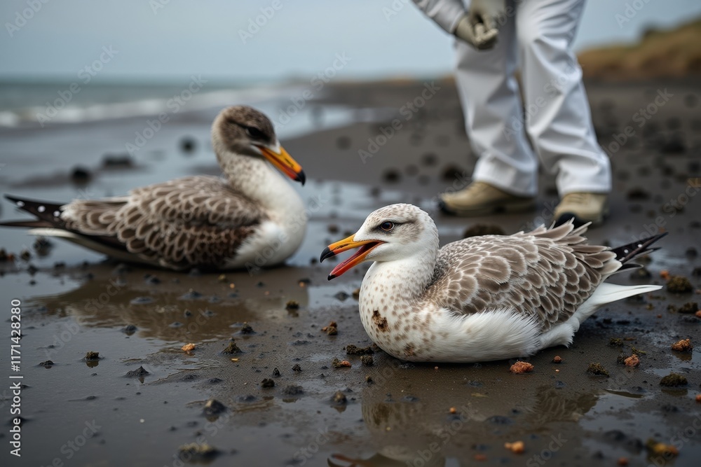 A seagull lies stranded on a polluted shore, its feathers stained with an oil slick as it gasps for air. Nearby, a volunteer in white protective gear is trying to save it among the toxic waste A seagull lies stranded on a polluted shore, its feathers stained with an oil slick as it gasps for air. Nearby, a volunteer in white protective gear is trying to save it among the toxic waste